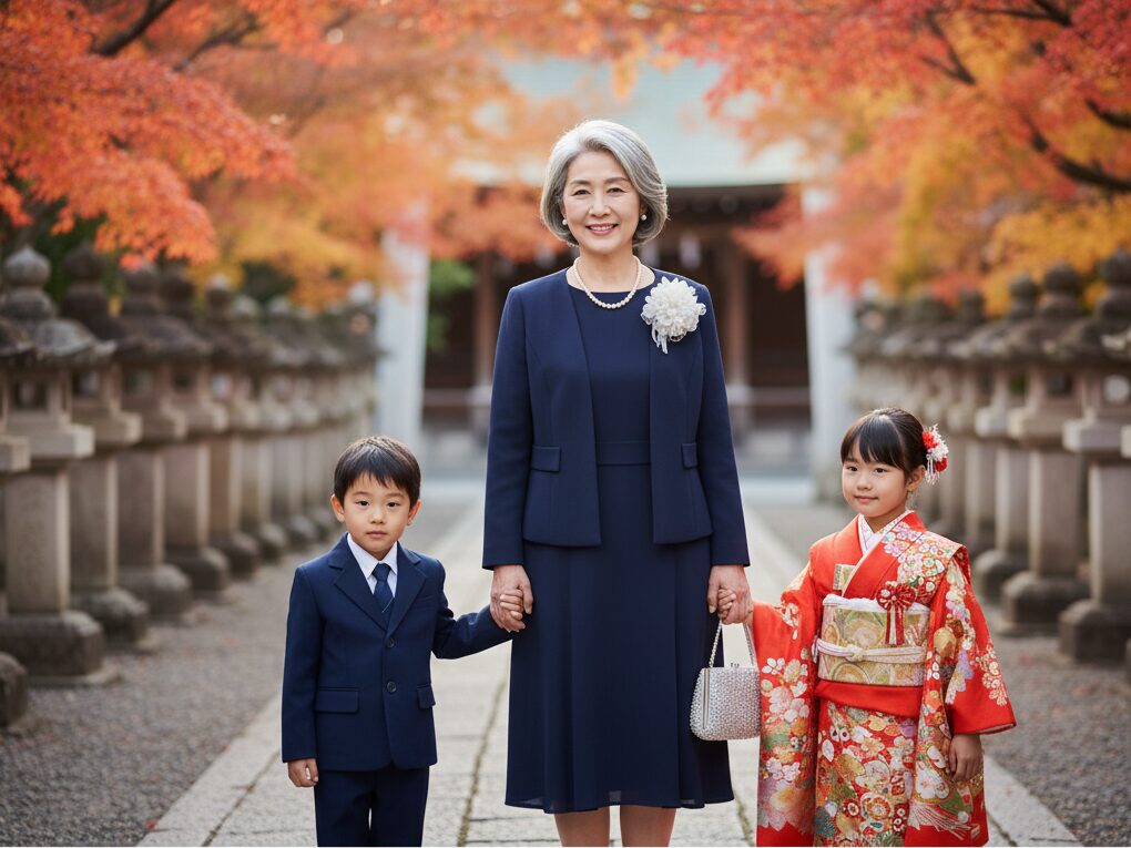 ネイビーや黒はコサージュで華やかに