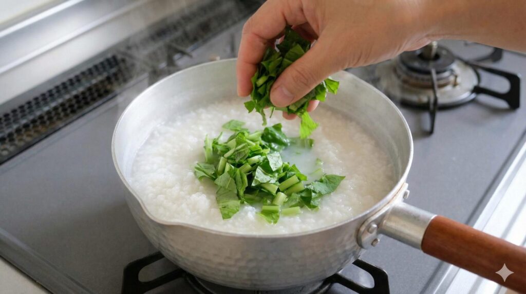 葉を入れる煮込みタイミング