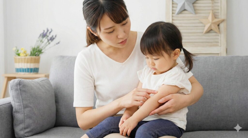 蕁麻疹や嘔吐など食後の症状を観察する