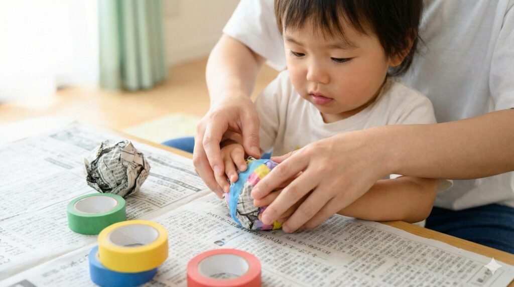 新聞紙を丸めて安全な豆を工作