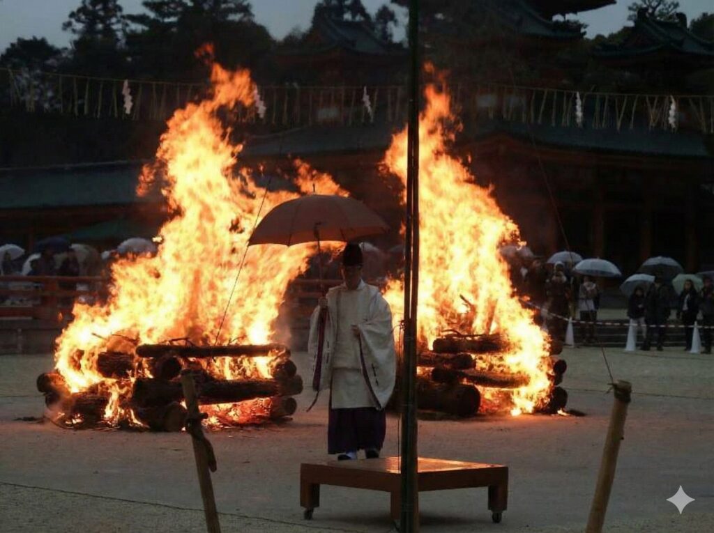 大火焚神事の浄火と迫力ある儀式の様子